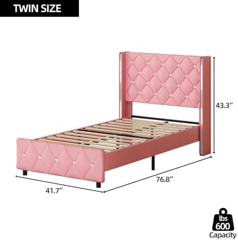 HOMBCK Twin Bed Frame with Leather Headboard, Silverside Wingback, Pink