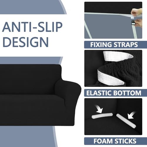 JIVINER Stretch Loveseat Slipcovers 1 Piece Love Seat Sofa Cover Spandex 2 Seater Couch Covers Universal Furniture Protector with Elastic Bottom (Black, Loveseat)