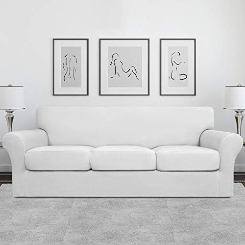 Easy-Going 4 Pieces Stretch Soft Couch Cover for Dogs - Washable Sofa Slipcover for 3 Separate Cushion Couch - Elastic Furniture Protector for Pets, Kids (Sofa, Snow White, Large)