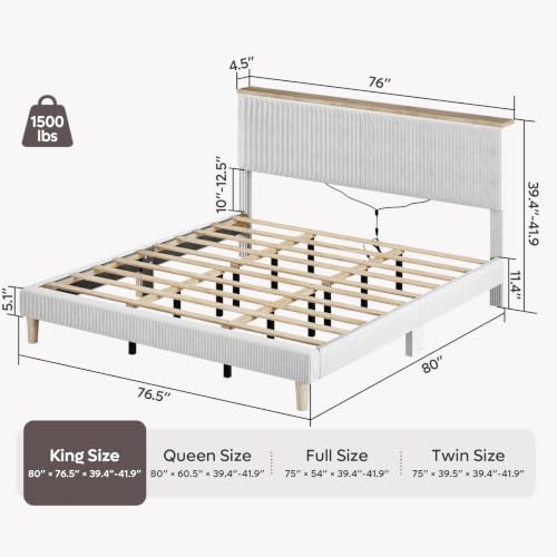 Bestier King Bed Frame with Storage Headboard & LED, Light Grey