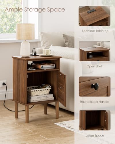 Nightstand with Charging Station, Boho Night Stand with 1 Drawer, Modern Side Accent Table with Open Shelf, Wooden Top Bedside End Table for Bedroom, Living Room, Walnut