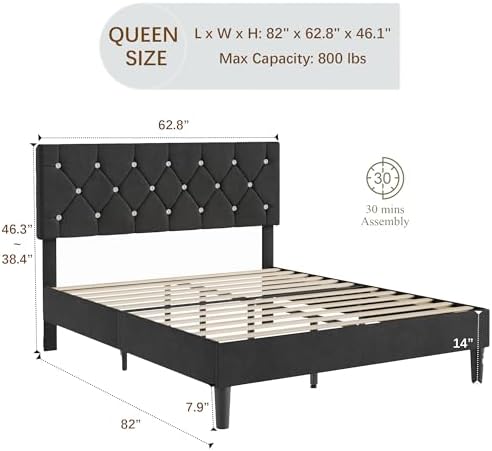 VECELO Queen Size Bed Frame, Upholstered Platform with Adjustable Diamond Tufted Headboard, Wood Slat Support, No Box Spring Needed, Velvet & Black