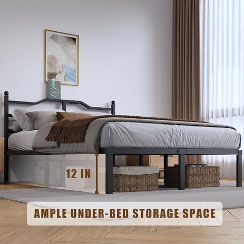 14 Inch Metal Bed Frame - Full Size Heavy Duty Bedframe with Charging Station & Headboard Basic Steel Slats Platform No Box Spring Needed/Easy Assembly/Noise Free