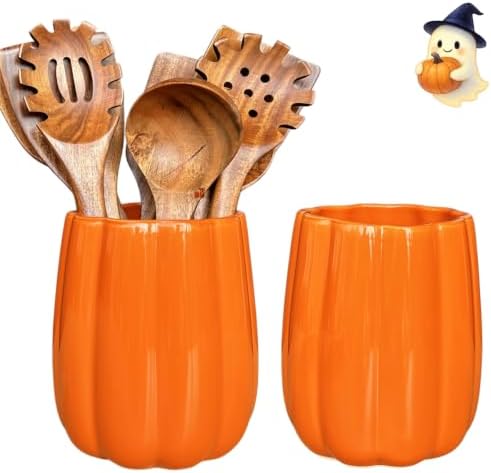 Large Ceramic Kitchen Utensil Holder for Kitchen Counter & Countertop Cooking Utensil Holder Spatula Holder Utensil Crock for Counter Fall Kitchen Deco and Accessories (Pumpkin no Pattern)