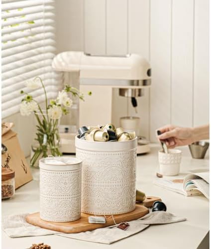 Kitchen Utensil Holder Set of 2, 7"+5.2" Inches Large Ceramic Utensil Holder for Countertop, Lace Emboss Cooking Utensil Crocks for Kitchen, Home Decor, Off-White