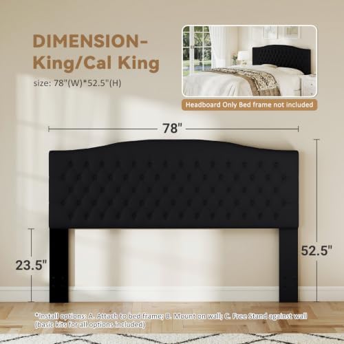 Befurtori King Headboard Only, Velvet Classic Tufted Design, Black
