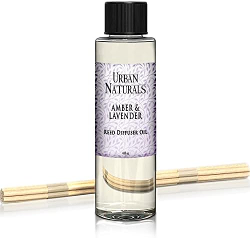 Urban Naturals Reed Diffuser Oil Refill Amber & Lavender, Soothing Lavender, Warm Amber, Calming Room Scent, 4 oz + Free Reed Sticks, Made in the USA
