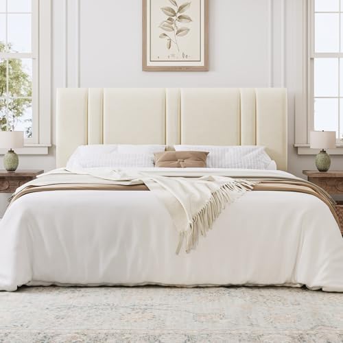 SHA CERLIN King Size Velvet Bed Frame with Adjustable Headboard, Cream