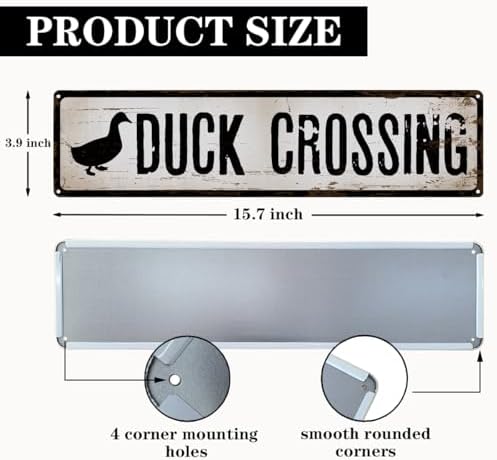 Rustic Farmhouse Metal Sign, “Duck Crossing” Vintage Tin Plaque for Yard, Ducks Coop or Garage, Outdoor & Indoor Country Wall Art, Easy to Hang, 15.8 x 4 Inch
