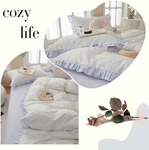 Ruffle Floral Duvet Cover Full Chic Vintage Blue Flower Duvet Cover Girls Romantic Lace Comforter Cover Cotton Floral Botanical Bedding Cover Cottagecore Flower Comforter Cover with 2 Pillowcases
