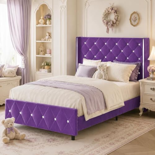 HOMBCK Twin Bed Frame with Velvet Headboard, Silverside Wingback, Purple