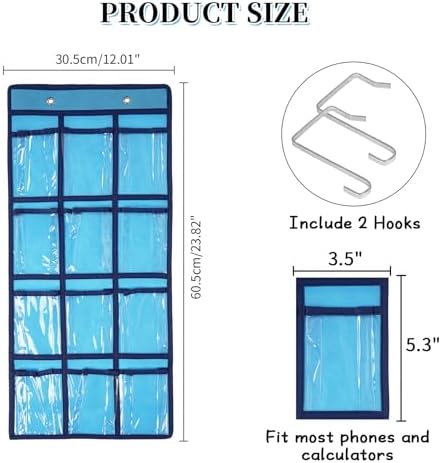 Over the Door Organizer Cell Phone Hanging Classroom Pocket Chart Wall Door Closet Hanging Organizer Durable Fabric Storage Bag, 12 Pockets (Blue)
