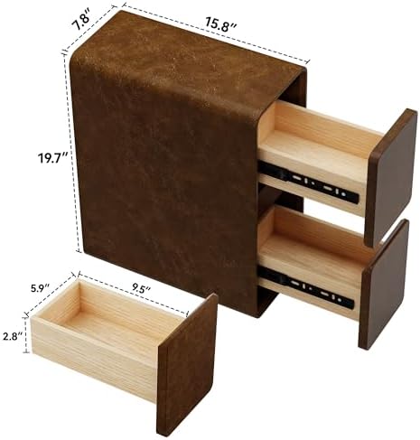 7.8" W Leather Narrow Nightstand Set of 2, Modern Fully-Assembled Bedside Table with 2 Drawers, White Night Stand Small Accent End Table & Side Table for Bedroom, Brown