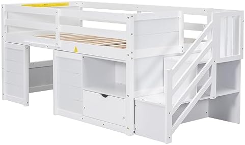 Bellemave Twin Size Low loft Bed for Kids,Wood Loft Beds,Modern Farmhouse Twin loft Bed,Loft Bed with Desk and Storage, No Box Spring Needed,for Kids,White