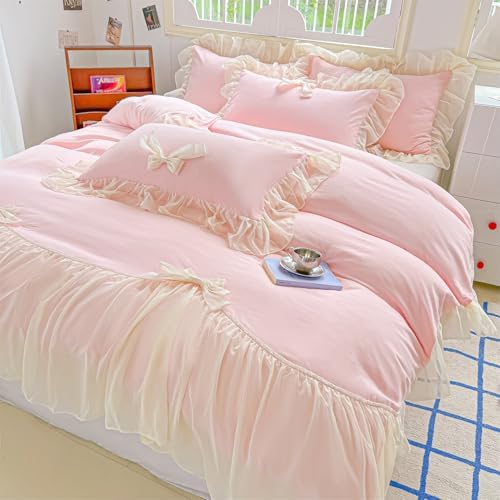SOUKECHY Chic Lace Bedding,Girls Twin Aesthetic Comforter Cover Set,Romantic French Princess Style Ruffled Duvet Cover with Lovely Bow with Zipper Closure-Pink,Twin Size
