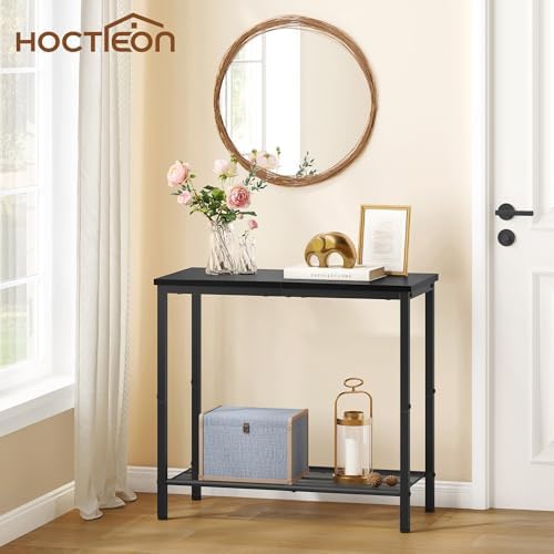 Hoctieon 2 Tier End Table, Sofa Side Table, Narrow Side Table with Storage, Slim Nightstand for Small Spaces, Metal Frame, for Living Room, Bedroom, Sofa Couch, Hall, Black