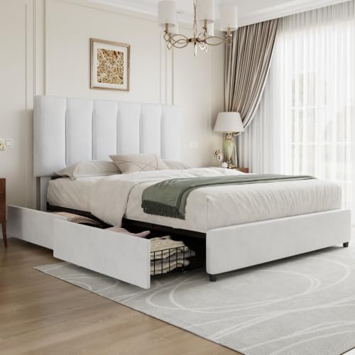 VECELO Full Size Bed Frame with 4 Storage Drawers, Adjustable Height Headboard, Heavy-Duty Platform Bedframe with Strong Wooden Slats, No Box Spring Needed, Velvet & White