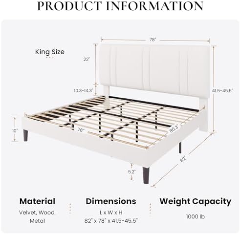 SHA CERLIN King Size Velvet Bed Frame with Adjustable Headboard, White