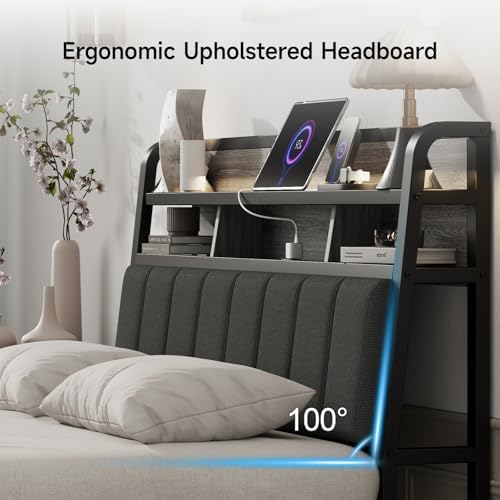 Full Headboard Only with Storage, Charging Station, Black & Grey