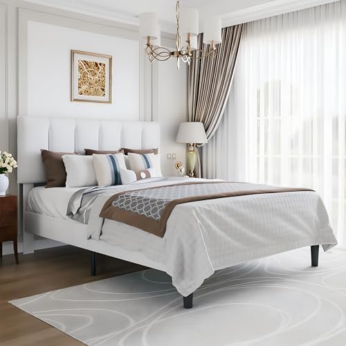VECELO Full Size Bed Frame with Upholstered Headboard, Pure White