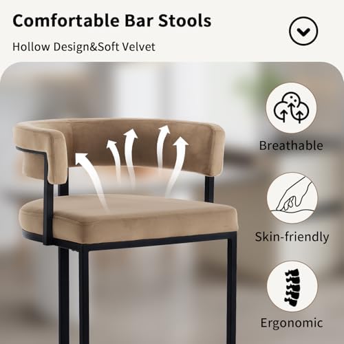 Set of 4 Brown Modern Velvet Bar Stools with Barrel Backrest, Upholstered Seat, and Black Metal Footrest – 25.6-Inch Seat Height, Ideal for Counters, Home Bars, and Kitchen Islands