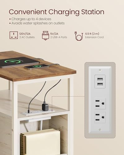 VASAGLE Side End Table with Charging Station, Slim Nightstand with Storage