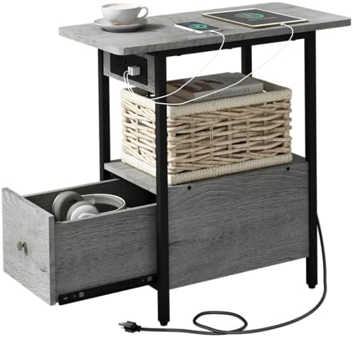 LIDYUK End Table with Charging Station, Narrow Side Table with Drawer