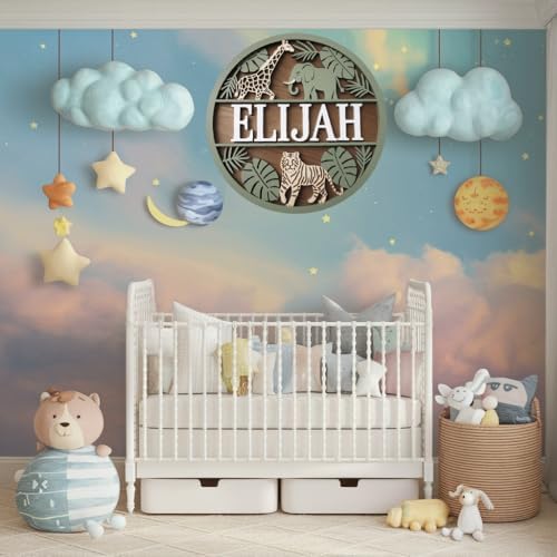 Personalized Name for Nursery Wall, Giraffe Elephant Line Sign for Baby Door Decor, Newborn Gifts for Girl, Girls Nursery Wall Bedroom Decorations, Mother's Day Gifts for New Mom Dad Gift