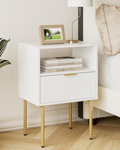 Aienvey Nightstand with One Drawer, White Stripe Night Stand and Gold Frame