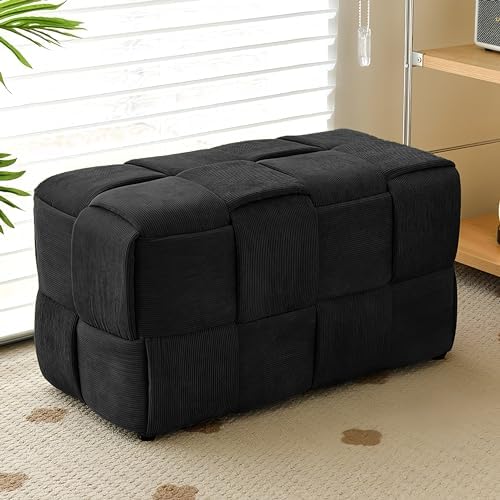 Cmishe 28" Rectangular Woven Corduroy Ottoman Footrest - Large Modern Entryway Bench & Bed End Stool, Sturdy Wood Frame, No Assembly (Black-L)