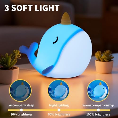 Narwhal Night Light, USB-C Rechargeable Silicone Lamp with Tap Control, 3-Level Dimming & 30-Min Auto Timer, 7-Color Changing Squishy Nursery Light, Birthday Gift for Kids