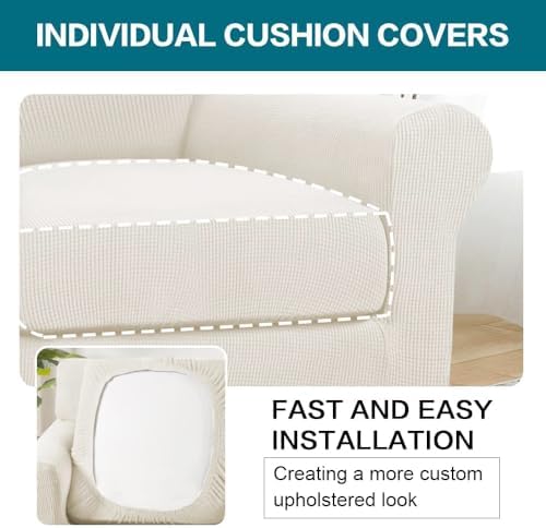 Turquoize 2 Piece Chair Covers Armchair Slipcovers for Living Room Armchair Sofa Cover with Individual Cushion Covers Feature Jacquard Fabric (Chair, Porcelain White)