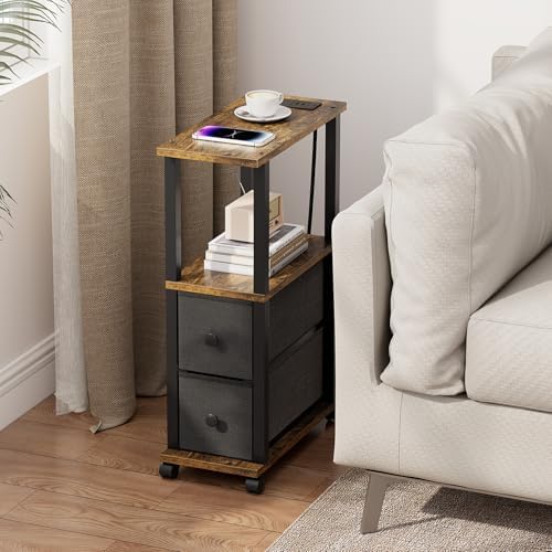 TUTOTAK Small Narrow End Tables, Side Tables with 2 Fabric Drawers, Set of 2, Bedside Tables with Charging Station for Small Spaces, Slim Nightstands with USB Ports and Wheels, TB01BB053