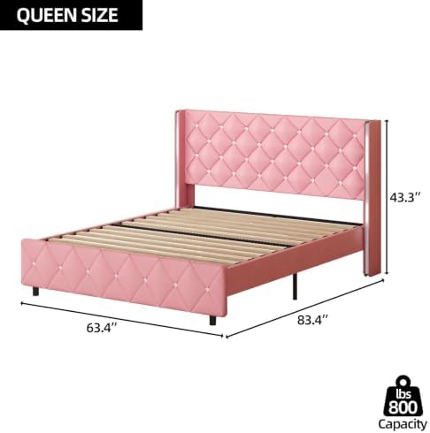 HOMBCK Queen Size Bed Frame with PU Headboard, Silverside Wingback, Pink