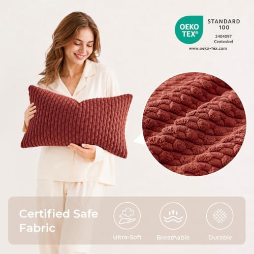Kevin Textile Soft Corduroy 12"x20" Lumbar Pillow Covers 2 Pack Burnt Brick