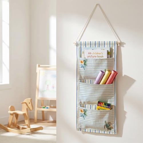 IAXIC Canvas Wall Hanging Organizer with Pockets Fish Extender Hanging Pouch Sea Turtle Stripe Door Closet Organizers Fabric Storage Pockets Wall Decoration