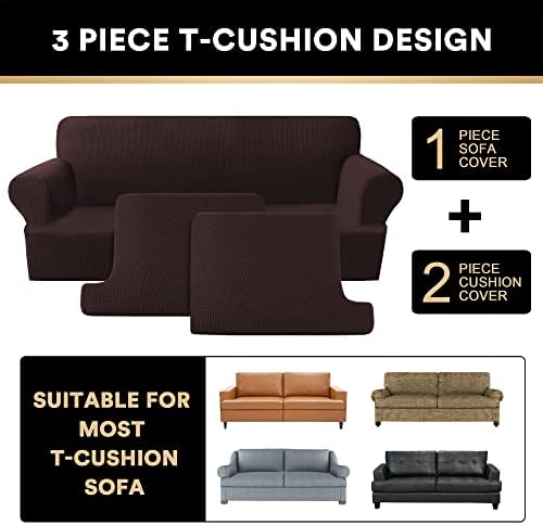 PrinceDeco T Cushion Loveseat Slipcover 3 Pieces Sofa Covers for T Cushion Sofa Stretch Slip Covers for 2 Cushion Couch with 2 Individual T Shape Seat Covers Width Up to 76"- Washable, Brown