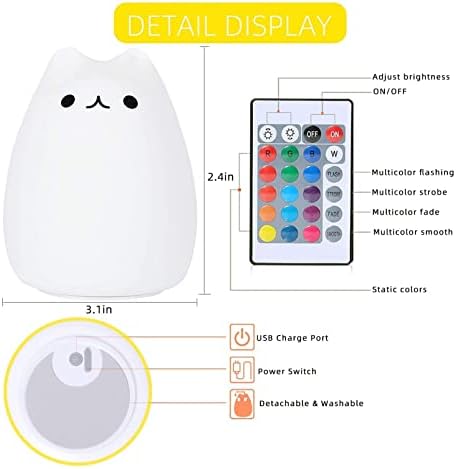 ZKLiLi Remote Cat Night Light, Cute Lights Rechargeable Cat Lamp Nightlight Birthday Gift with Warm White and 7-Color Breathing Modes(Remote Control)