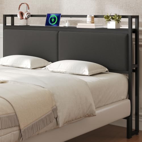 YATINEY Queen Headboard Only with Storage, Upholstered Head Board with Charging Station, Height Adjustable, Sturdy and Stable, Vintage Style, Black
