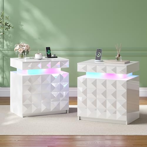 Dystler LED Night Stand Set 2 with Charging Station, Lockable Hidden Drawer