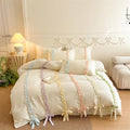 Colorful Striped Ruffled Bedding with Cute Bow,Chic Ruffle Romantic Queen Duvet, Coquette Aesthetic Style 3 piece Duvet Cover Set-1Queen Duvet Cover with 2 Pillowcases, No Comforter