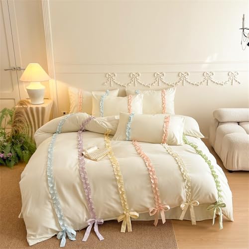 Rainbow Ruffles Bedding Set with Bow,Colorful Striped Duvet Cover, Cute Princess Style 2 PCS Duvet Cover Set-1 Duvet Cover and 1 Pillowcases for Girls Teens Bedroom,No Comforter
