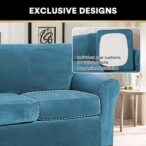 PrinceDeco Velvet XL Couch Cover for Oversized Sofa 4 Piece Sofa Covers for 3 Cushion Couch Washable Furniture Protector with Non Slip Elastic Bottom Width Up to 97 Inch(X-Large, Blue)