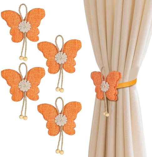 4 Pcs Cute Butterfly Curtain Holdbacks,Magnetic Curtain Tie Backs Decorative Rope for Living Room Bedroom Kitchen Bathroom Decoration (Orange)