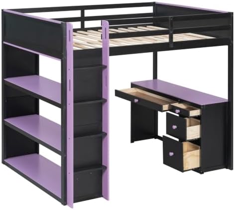 LUMISOL Full Gaming Loft Bed with Desk and Storage Shelves, Solid Wood Loft Bed with Drawers and Computer Desk for Teens, Space Saving High Loft Bed Frame for Kids Bedroom Purple
