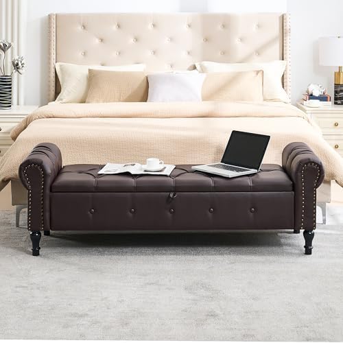 Storage Bench 67" Faux Leather End of Bed Benches Dark Brown
