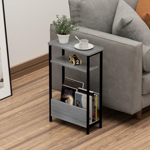 THUMEYE 7.1" Narrow Side Table for Small Spaces, 3 Tier Small End Table with Magazine Holder, Slim/Skinny Nightstand/Bedside Table for Living Room, Bedroom, 15.4" L x 24.2" H, Gray