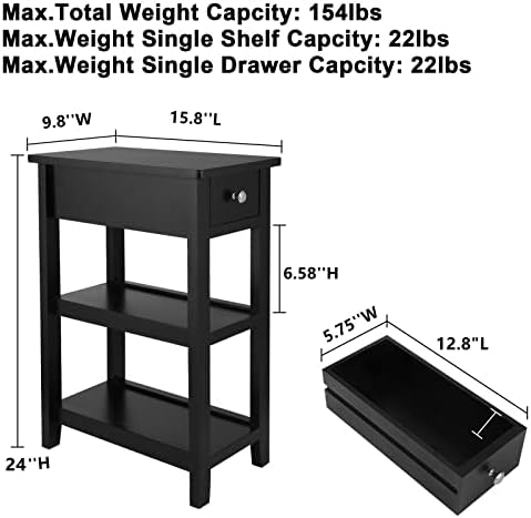 SEJOV Narrow Side Table, Small Black End Table with Drawer and 2 Shelves