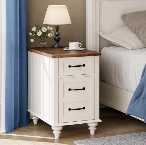 WAMPA Set of 2 End Tables with Charging Station, Off White Wood Nightstand