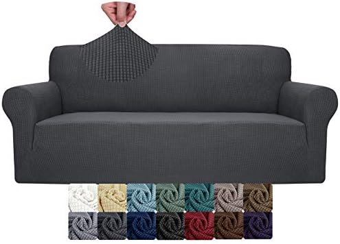 JIVINER High Stretch Loveseat Sofa Slipcovers 1-Piece Jacquard Couch Covers for 2 Cushion Couch Furniture Protector Washable Sofa Covers for Kids Pets Small Checks (Loveseat, Grey)